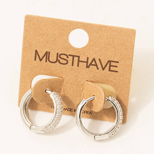 Pave Studded Latch Hoop Earrings: Silver