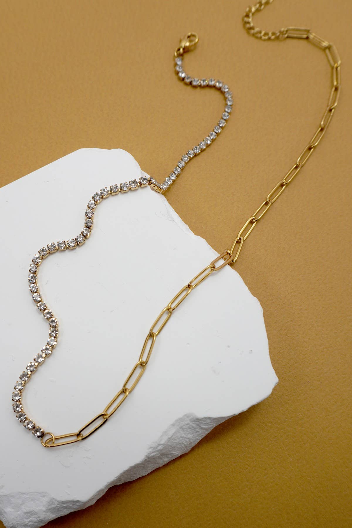 18K Gold Stainless Steel Tennis Paper Clip Rhinestone Necklace