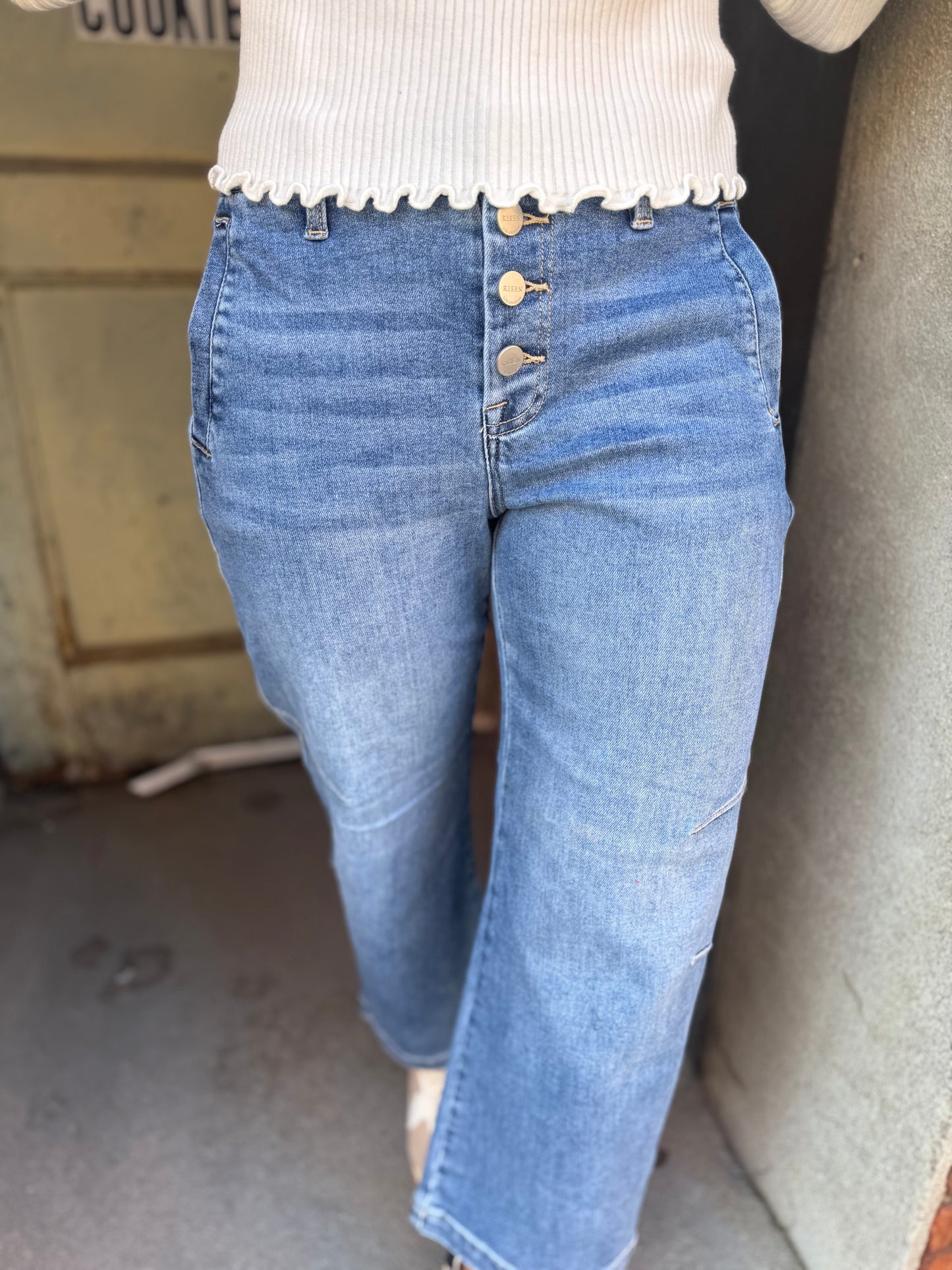 Button Fly Barrel Jeans - Mid Rise