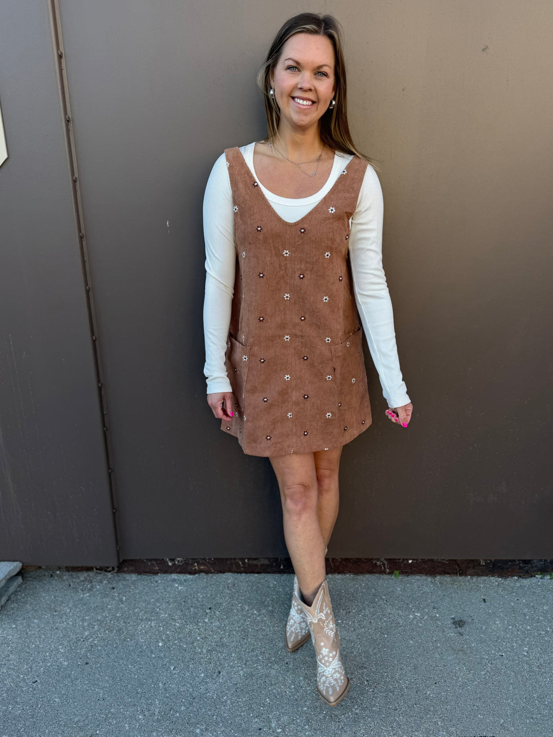 Floral Embroidered Corduroy Pinafore Overall Dress