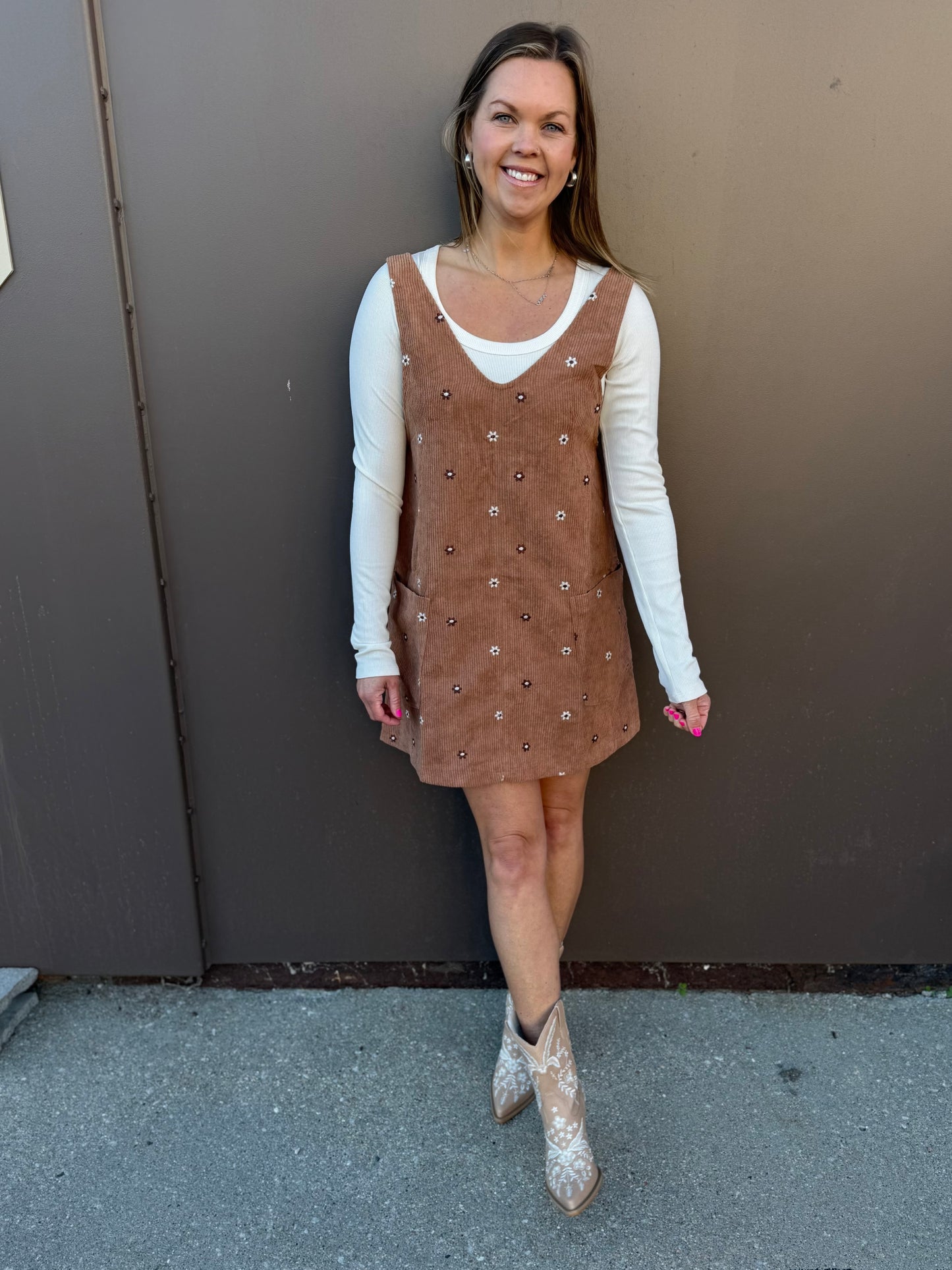 Floral Embroidered Corduroy Pinafore Overall Dress