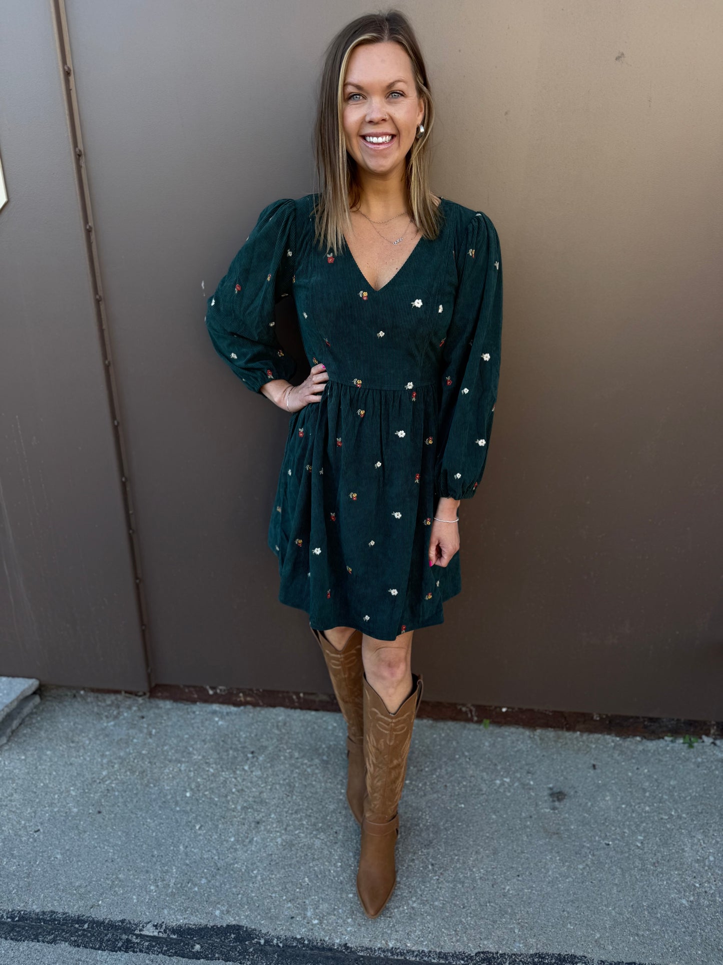 Floral Embroidered Corduroy V Neck Mini Dress