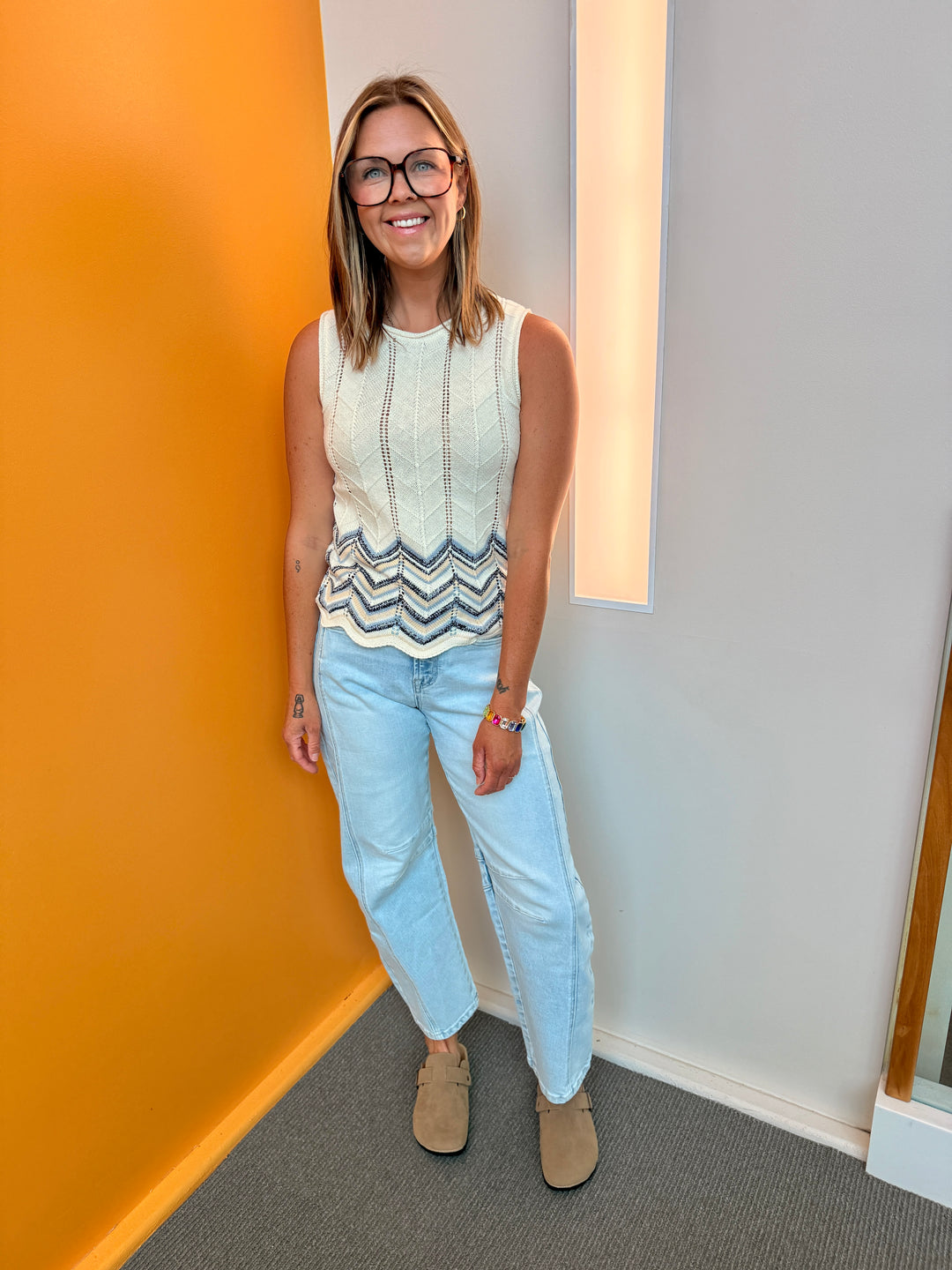 Chevron Patterned Sleeveless Knit Top - Indigo
