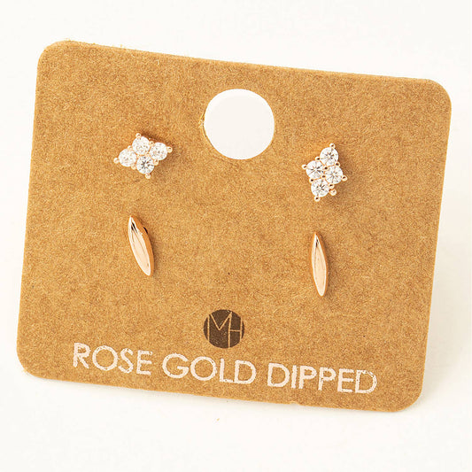 Mini Four Piece Rhinestone Stud Earrings: Rose Gold