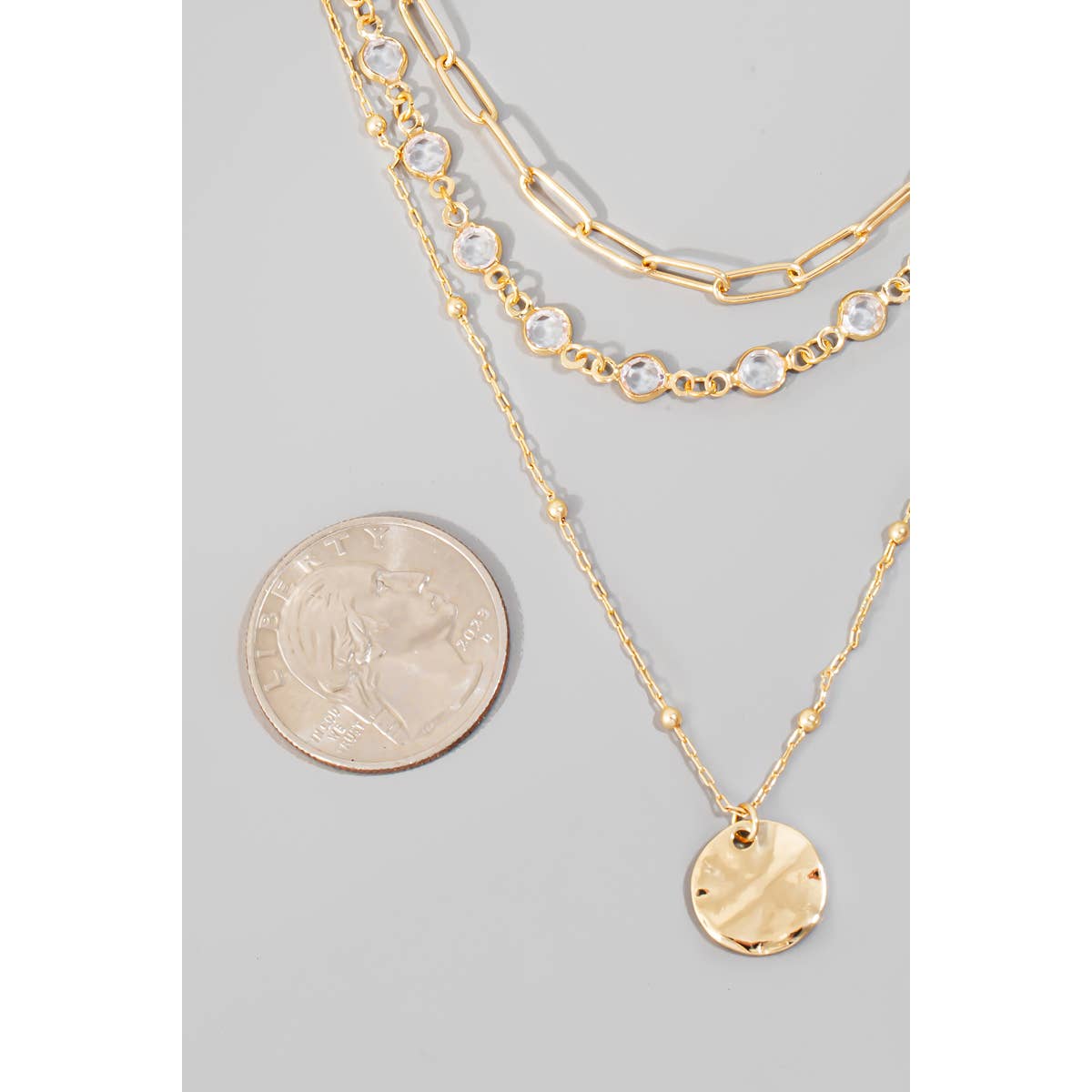 Coin Pendant Layered Chains Necklace: Gold Crystal