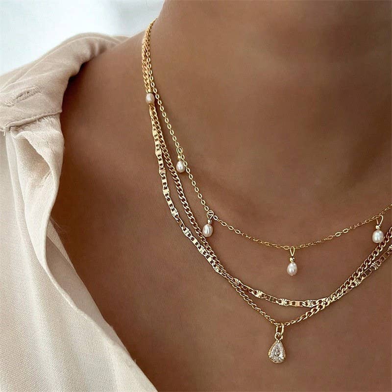 Pearl &amp; Stone Teardrop Charm Necklace