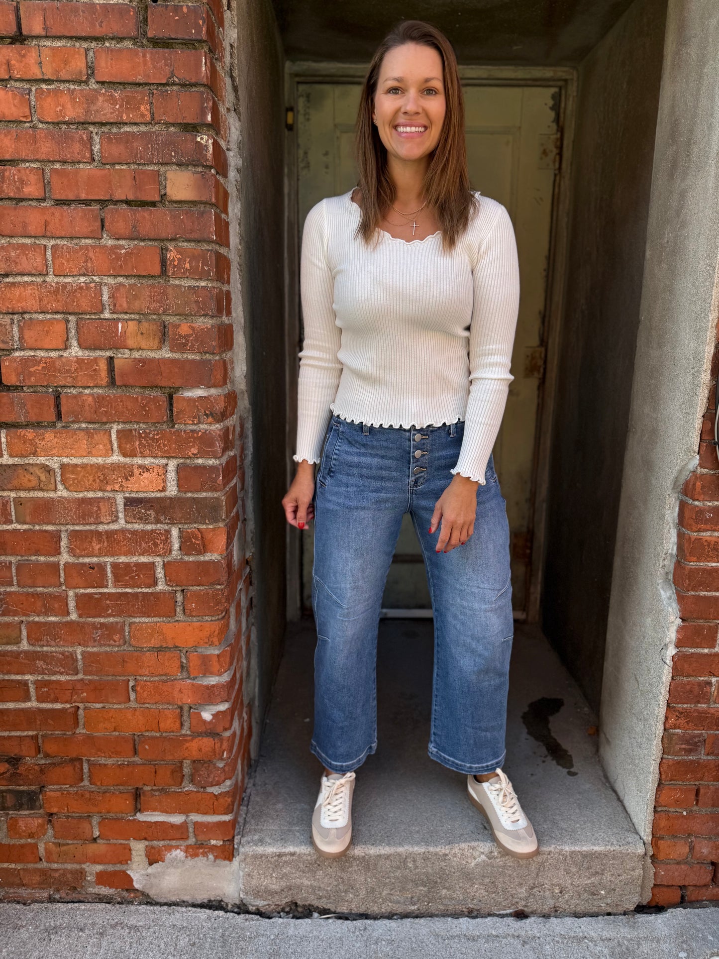 Button Fly Barrel Jeans - Mid Rise