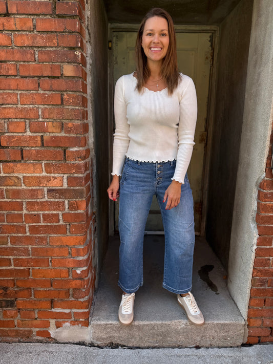 Button Fly Barrel Jeans - Mid Rise