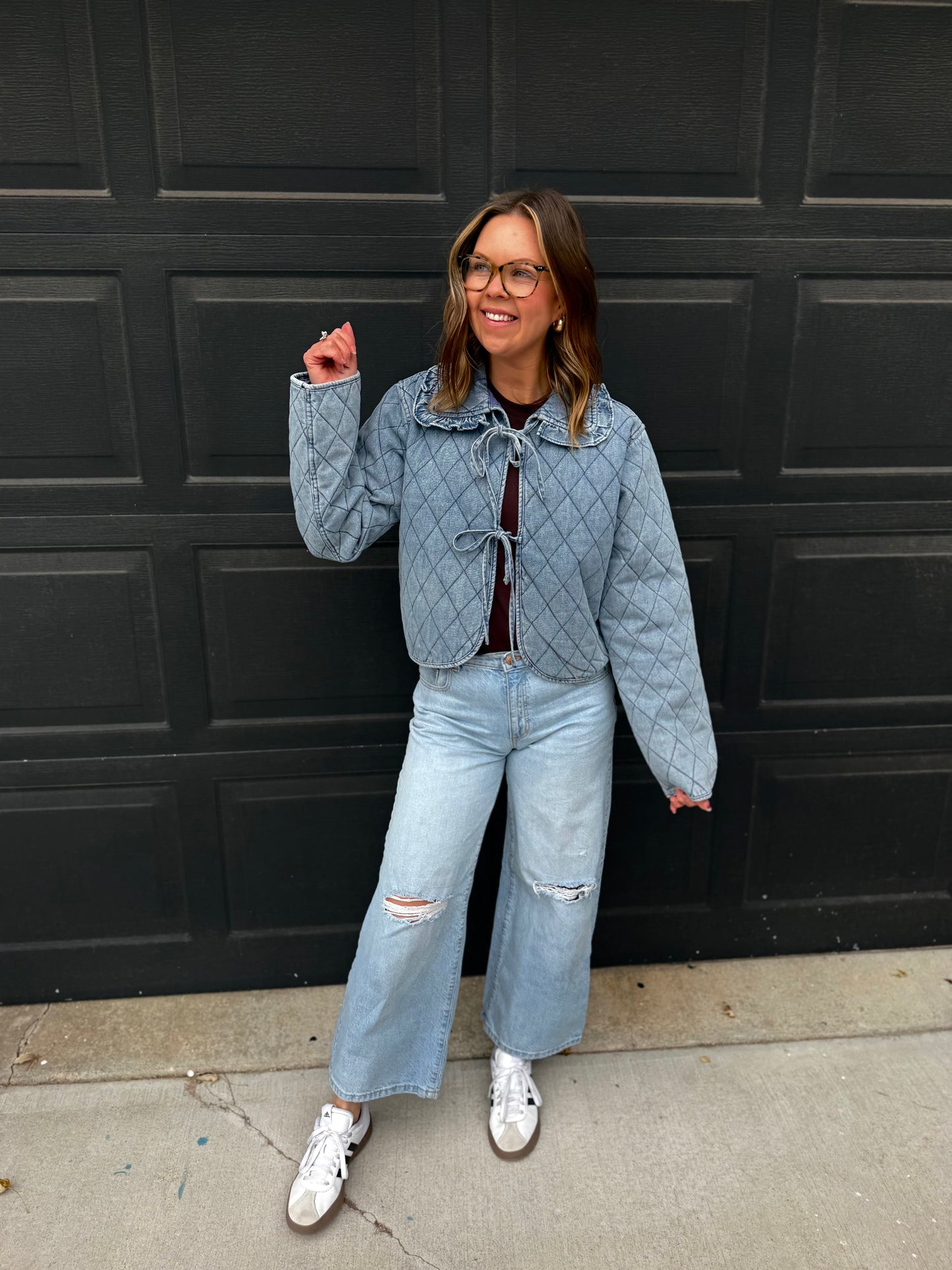 Quilted Denim Cropped Jacket With Bow Ties