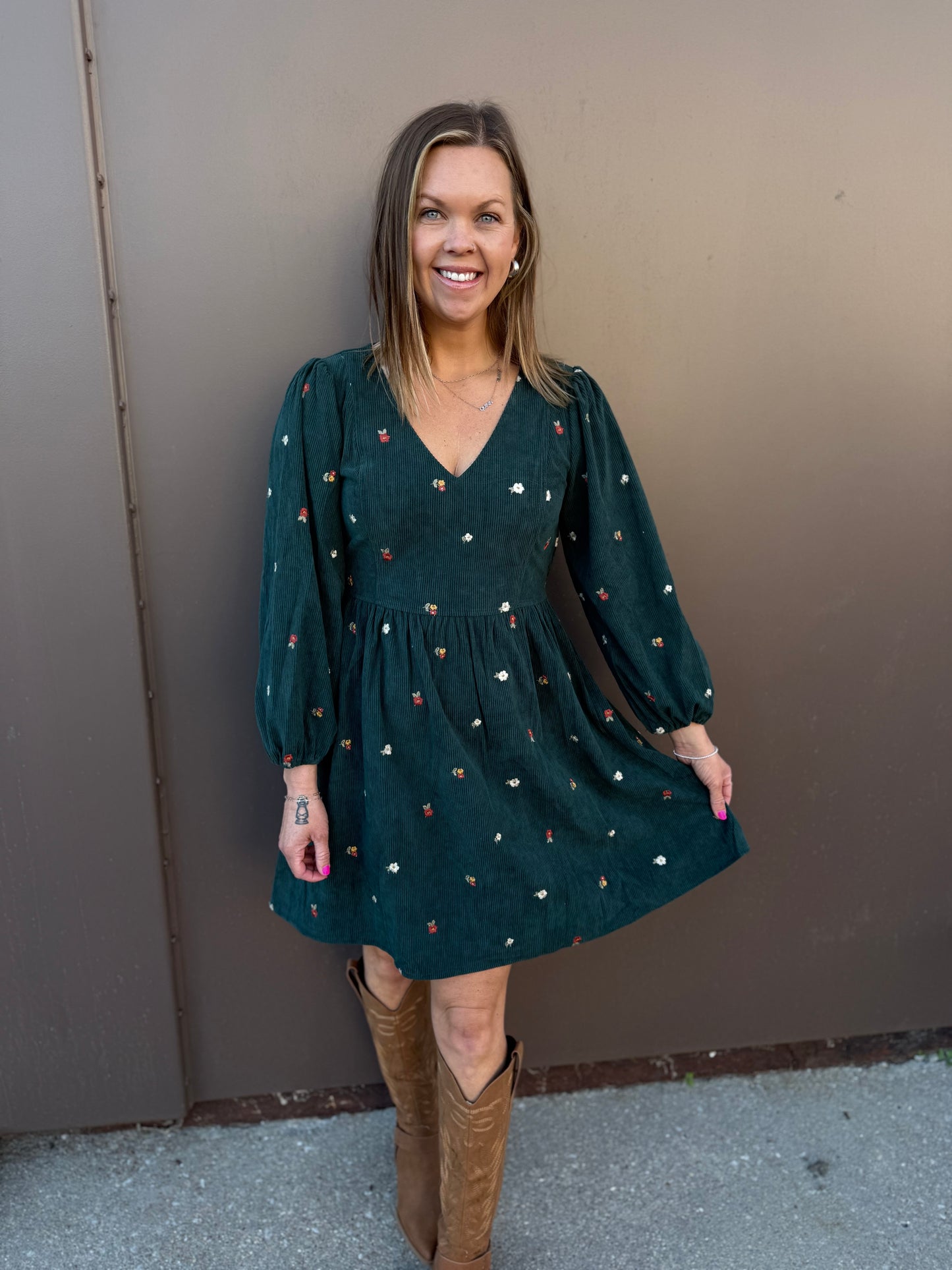 Floral Embroidered Corduroy V Neck Mini Dress