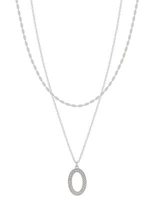 Double Layered Silver Chain with Pave Open Oval Necklace