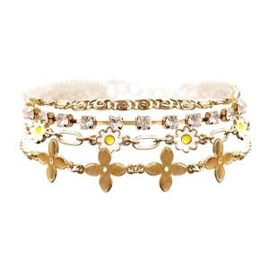 White Flower, Clover, and Gold Chain Layered Bracelet