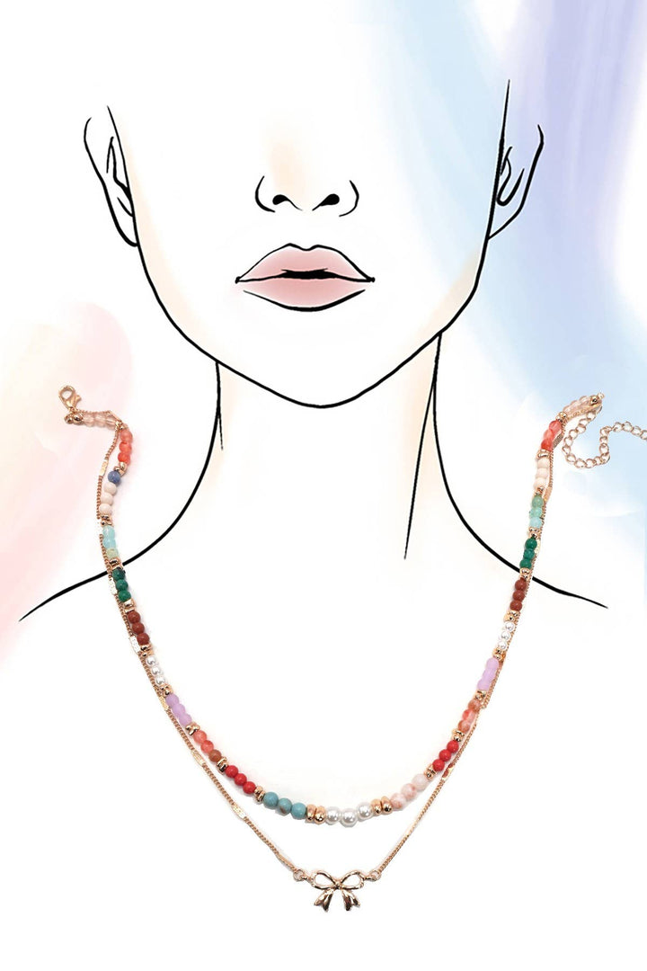 BEADED BOW CHARM DOUBLE LAYER NECKLACE