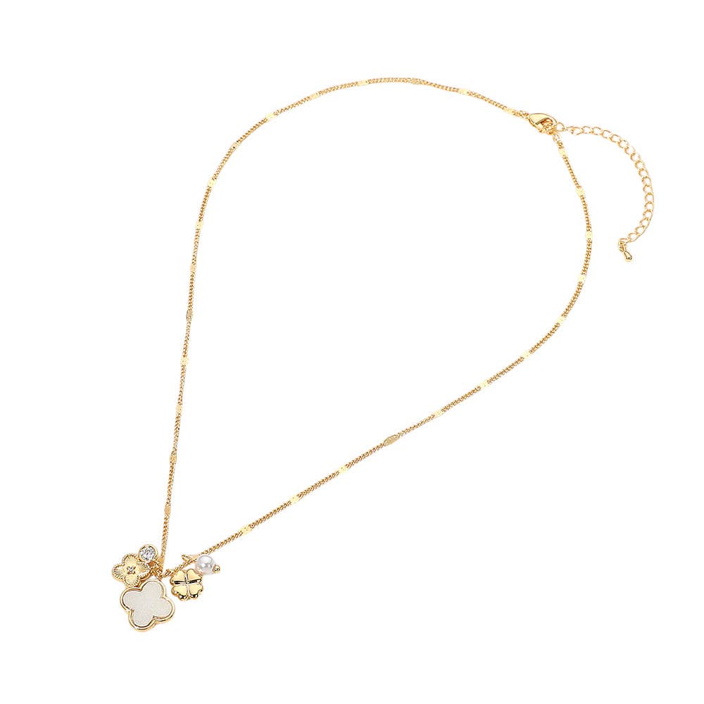 Mother of Pearl Quatrefoil Floral Pearl Charm Necklace