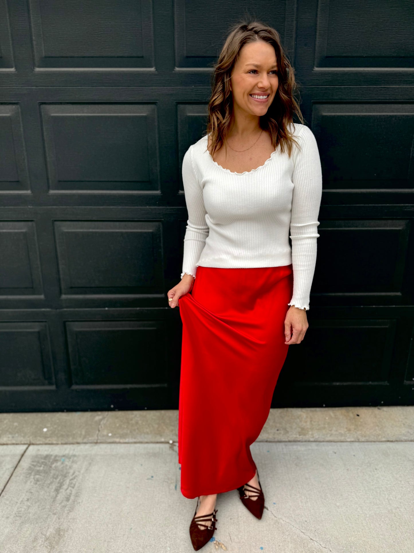 Silky Satin Maxi Skirt: Red