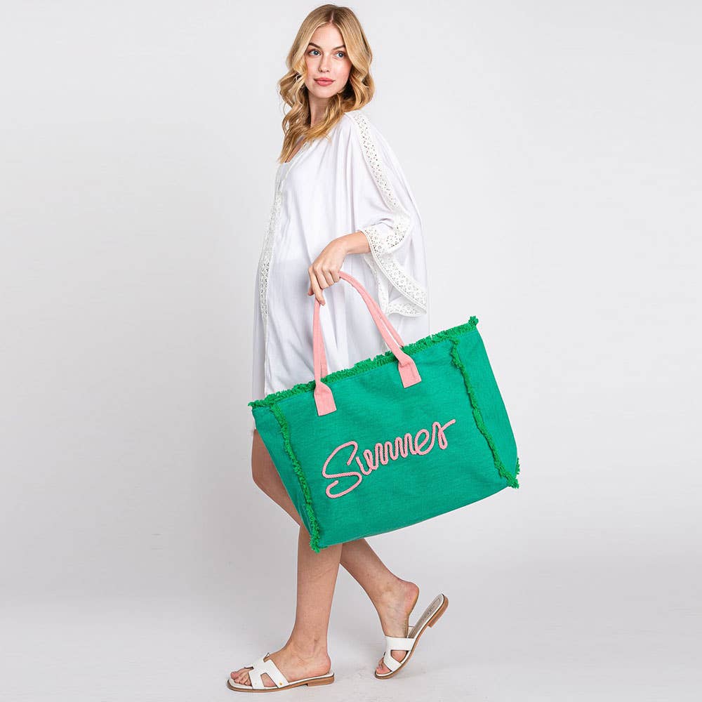 Summer Embroidered Fringe Canvas Tote Beach Bag