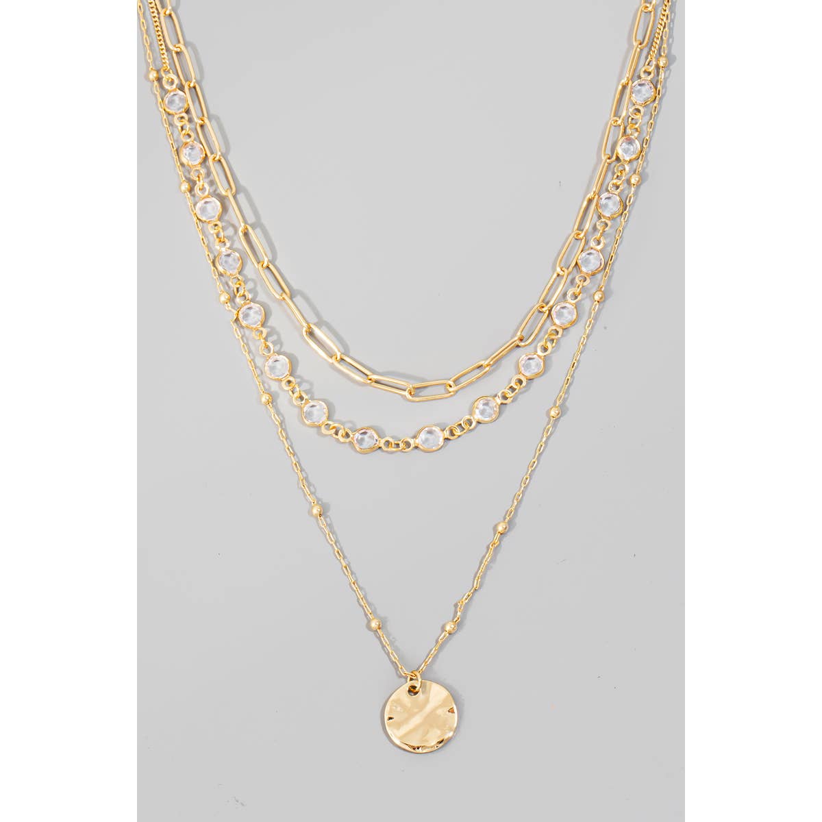 Coin Pendant Layered Chains Necklace: Gold Crystal