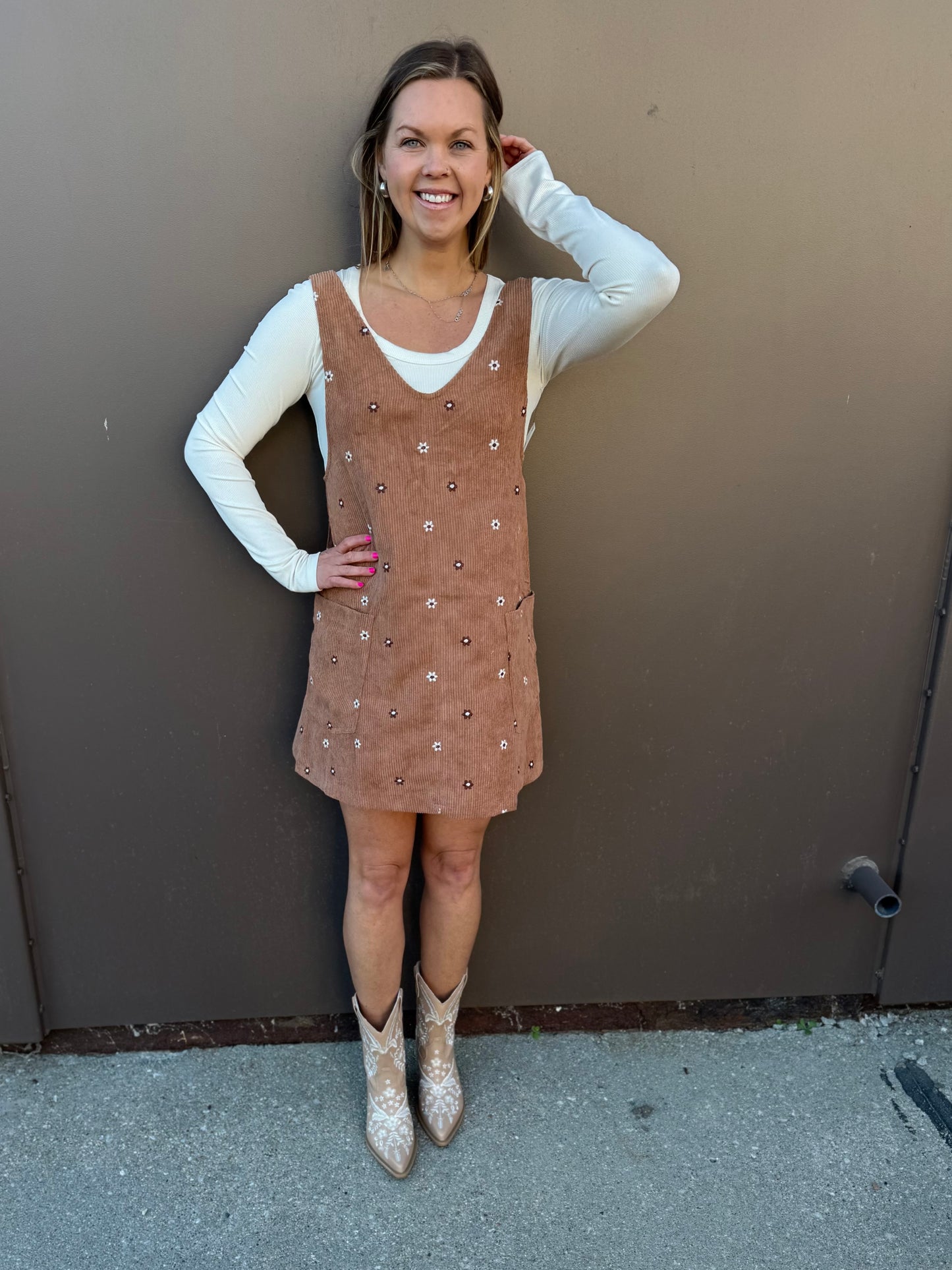 Floral Embroidered Corduroy Pinafore Overall Dress