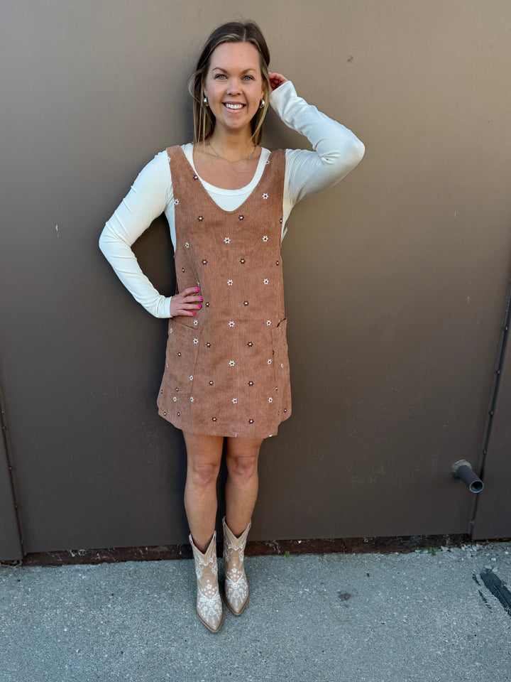 Floral Embroidered Corduroy Pinafore Overall Dress