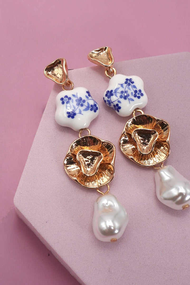 BLUE CERAMIC PORCELAIN  GOLD PEARL DROP EARRINGS