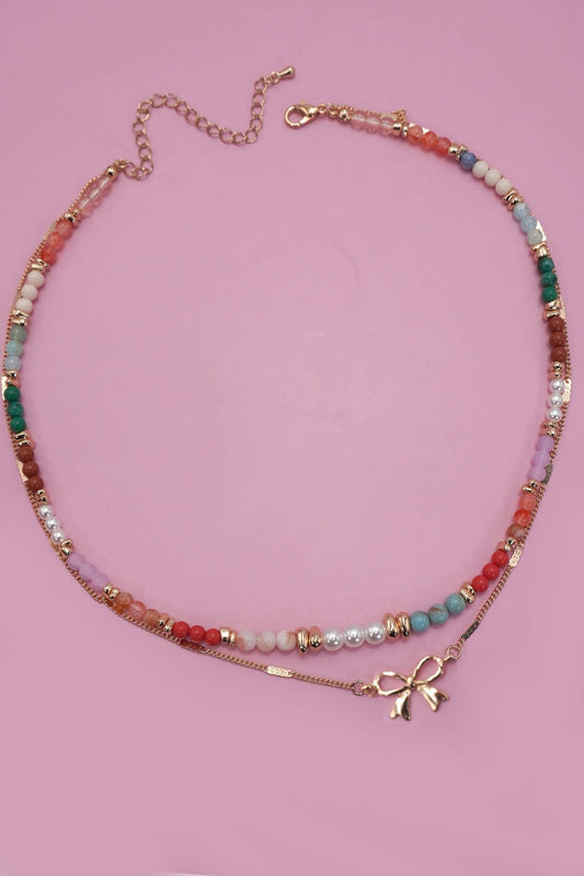BEADED BOW CHARM DOUBLE LAYER NECKLACE
