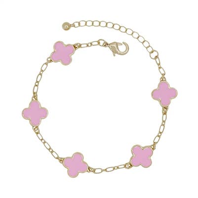 Pink Epoxy Clover and Gold Chain Bracelet