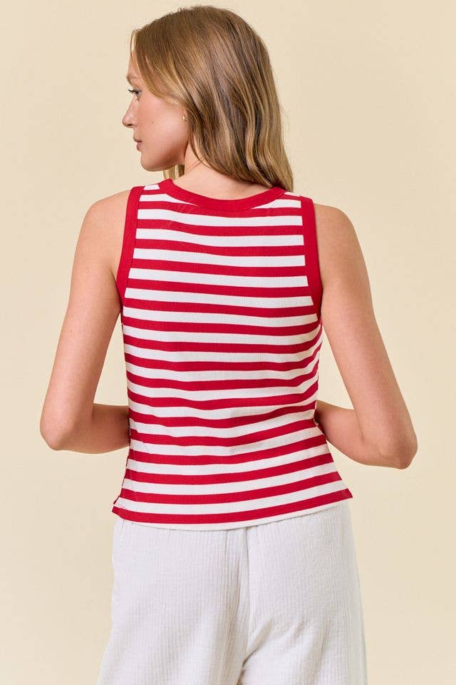 Red Stripe Knit Button Tank