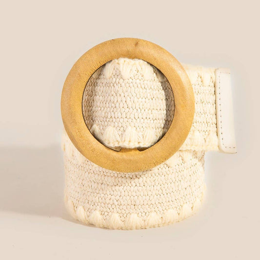 Wooden Round Buckle Braided Fashion Belt : Ivory