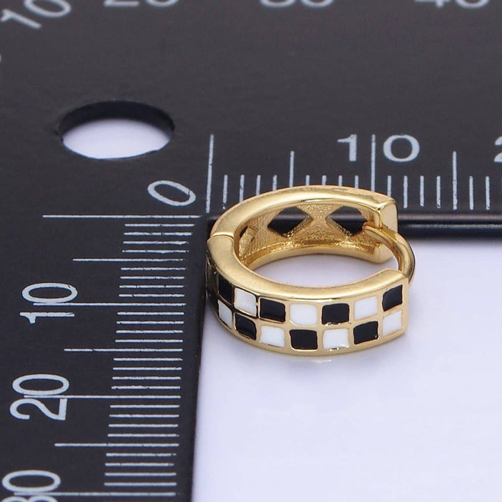 Black &amp; White Checkered Enamel Huggie Earrings