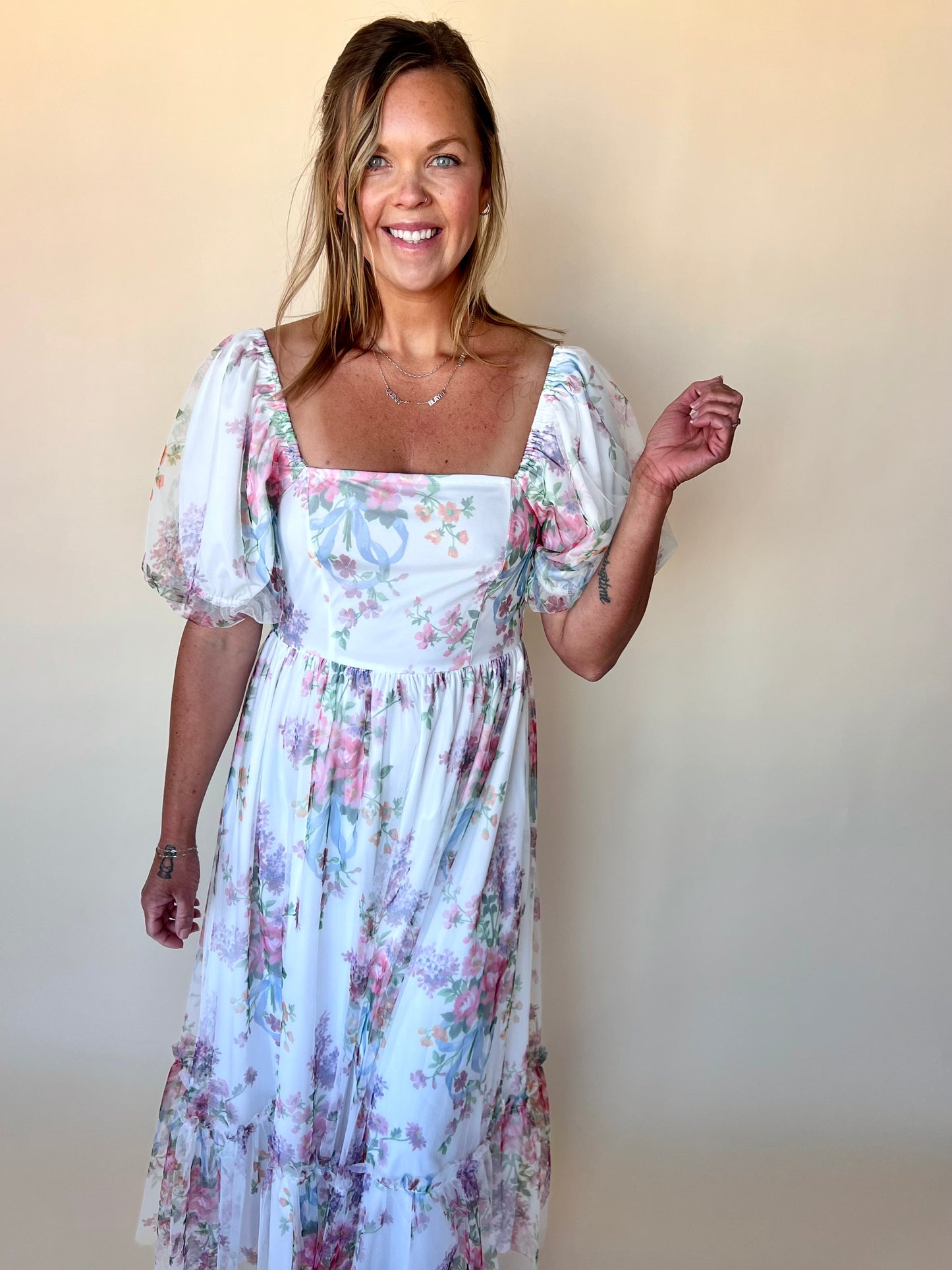 Tulle Mesh Square Neck Dress