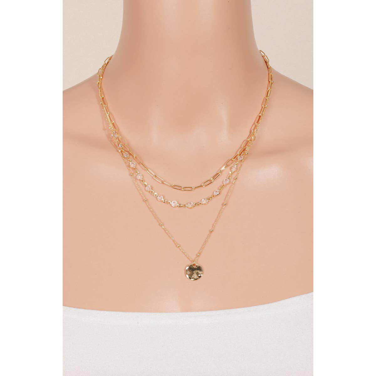 Coin Pendant Layered Chains Necklace: Gold Crystal