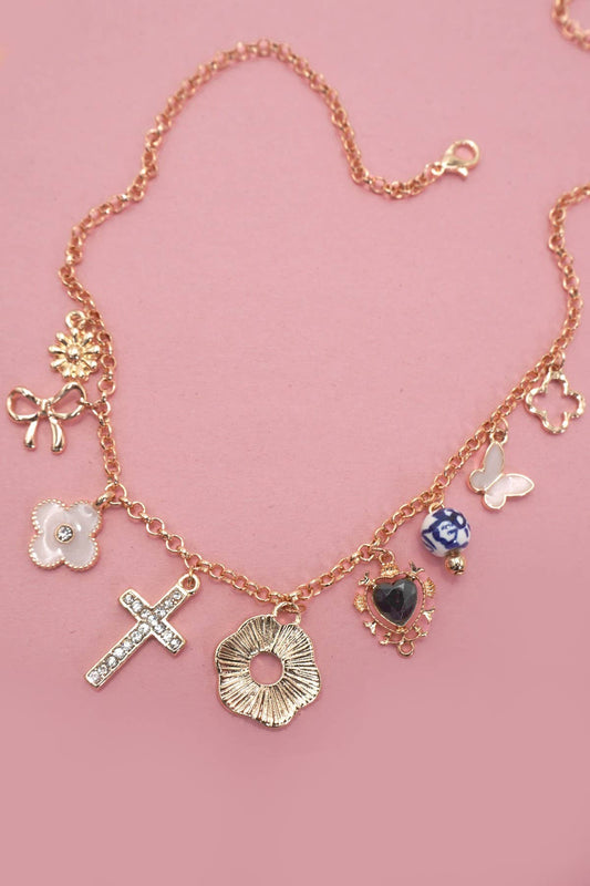 Charm Necklace Bow Flower and Clover
