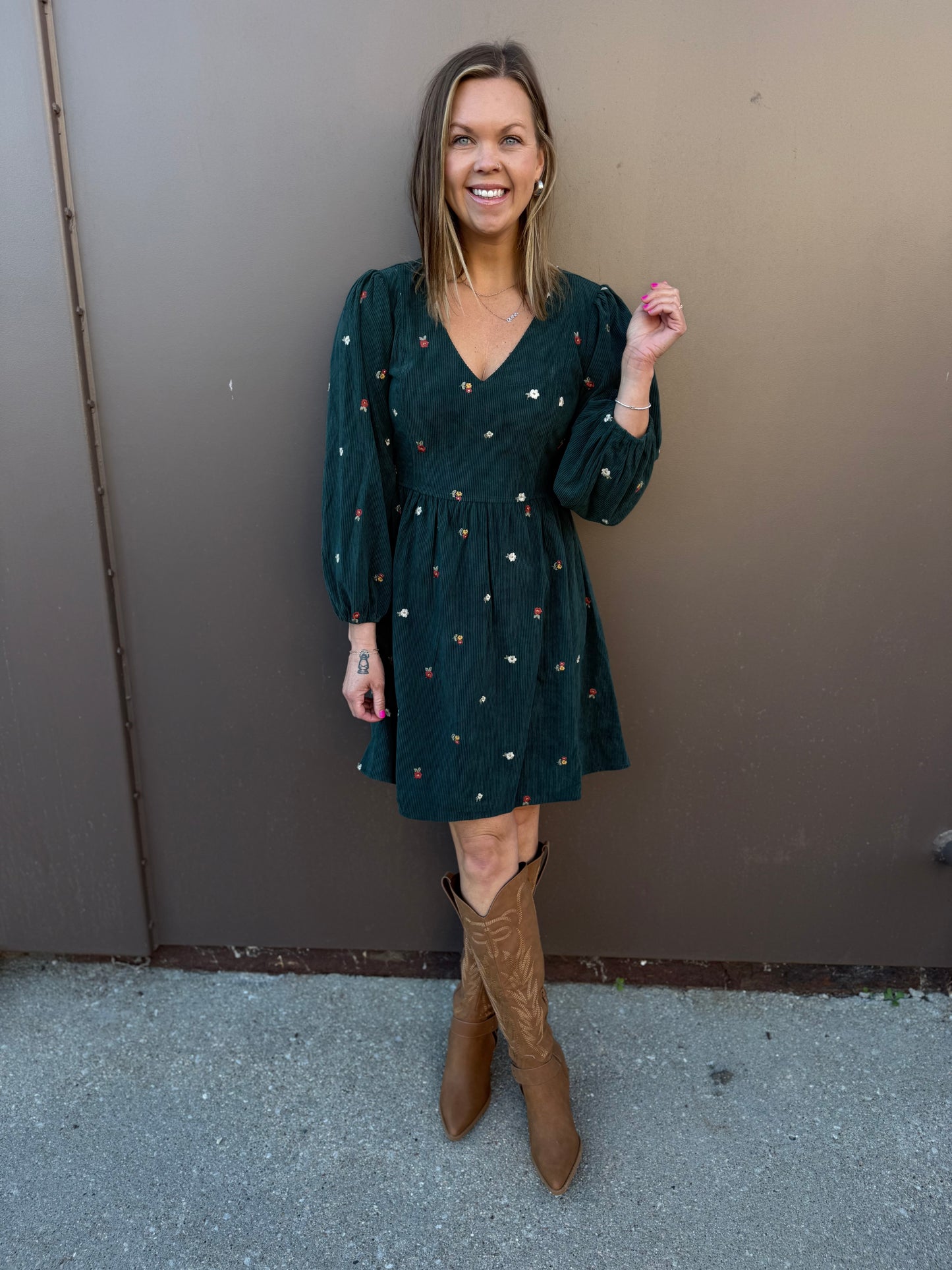 Floral Embroidered Corduroy V Neck Mini Dress