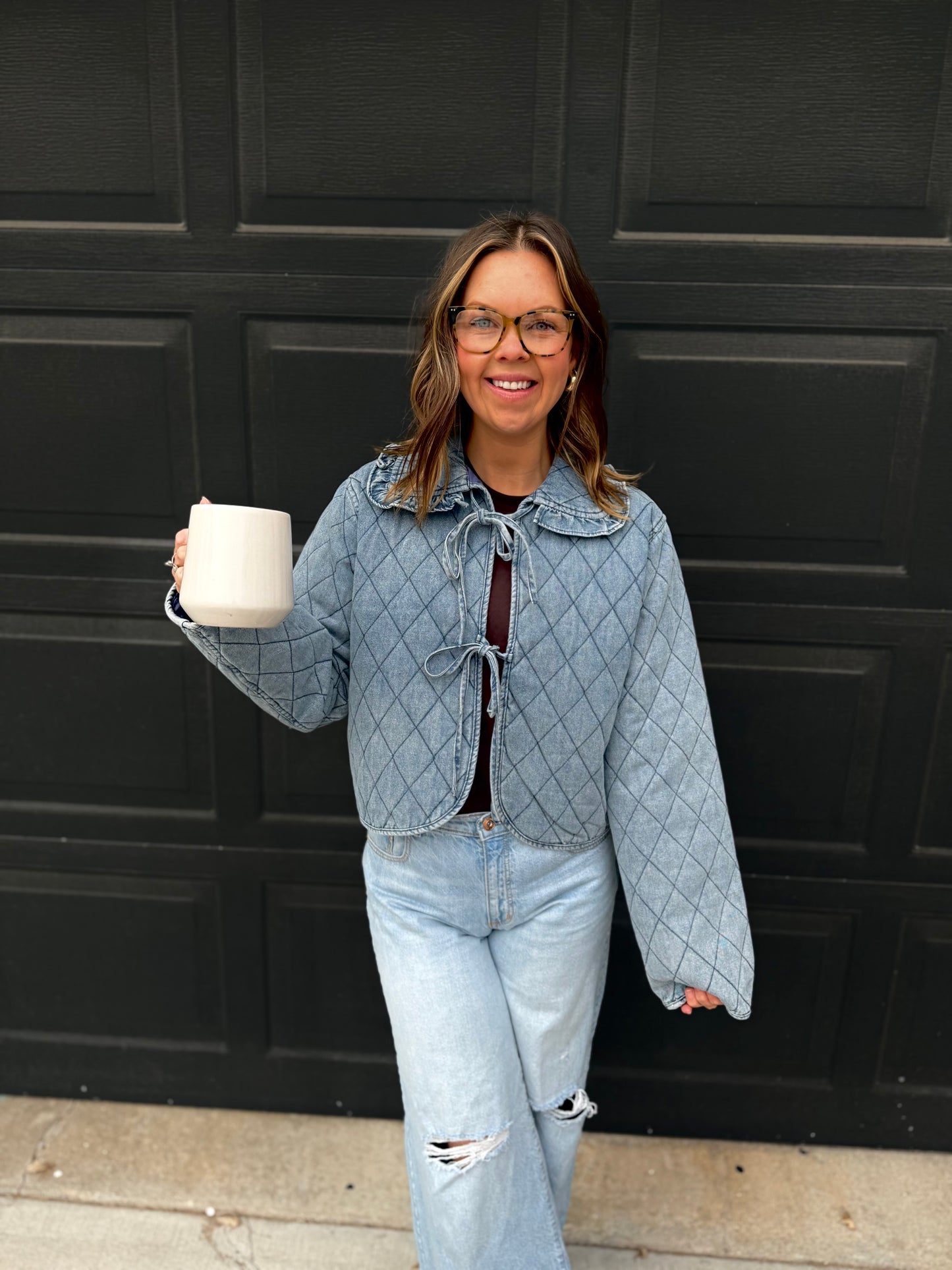 Quilted Denim Cropped Jacket With Bow Ties