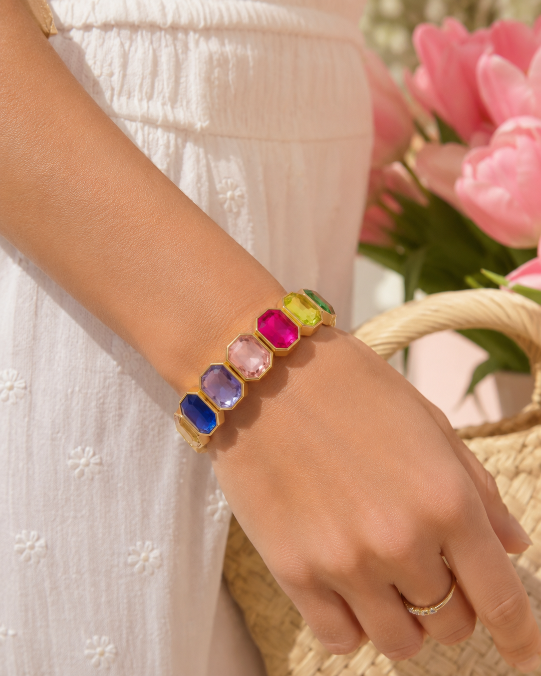 Enamel Stretch Bracelet - Octagon Rainbow Stones - Simone