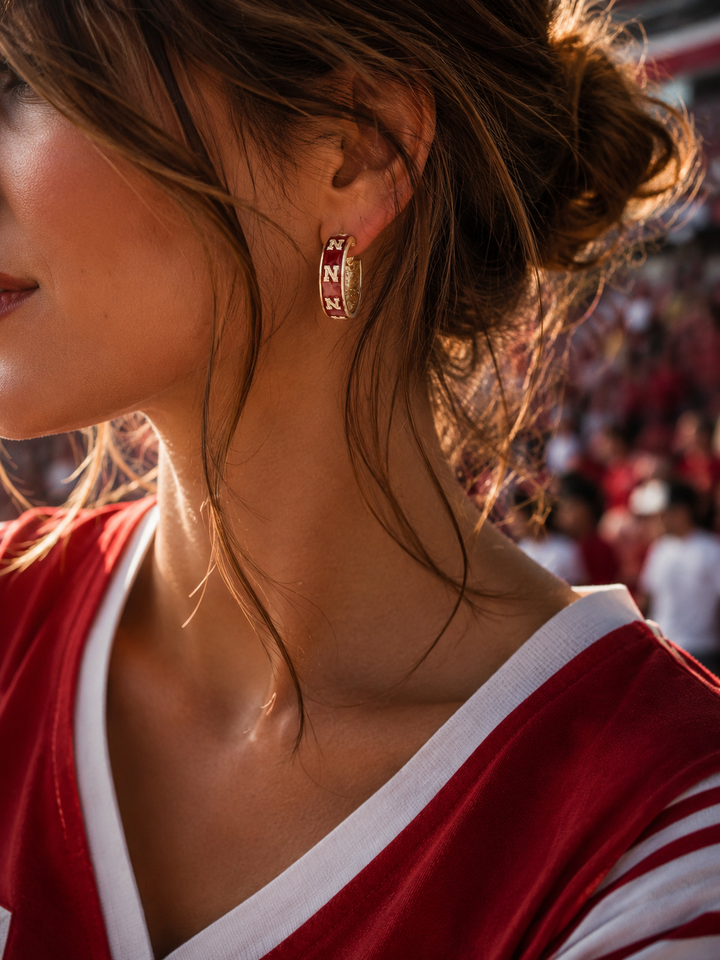 Nebraska Huskers Red Enamel Logo Hoop Earrings