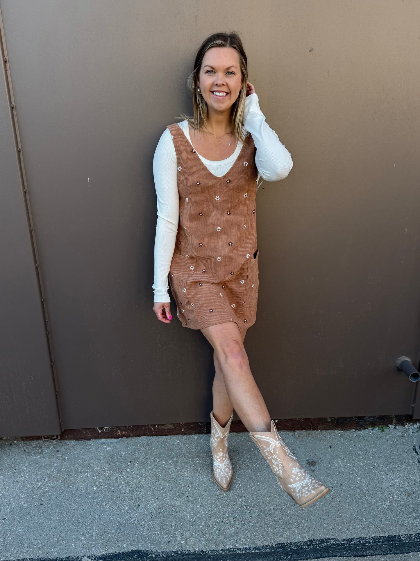 Floral Embroidered Corduroy Pinafore Overall Dress