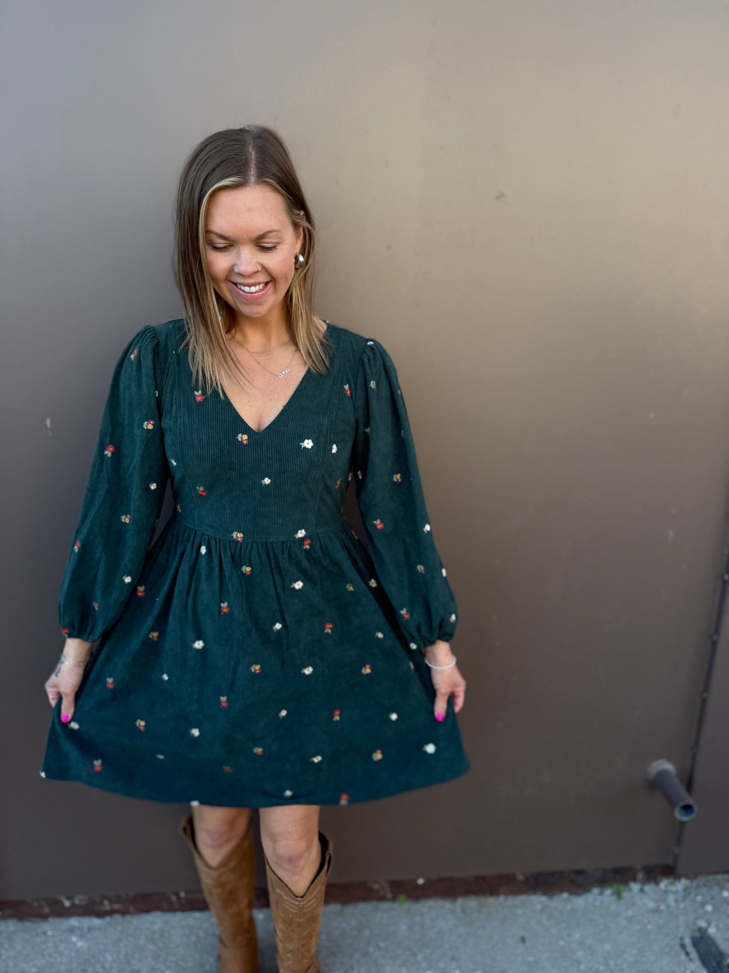 Floral Embroidered Corduroy V Neck Mini Dress