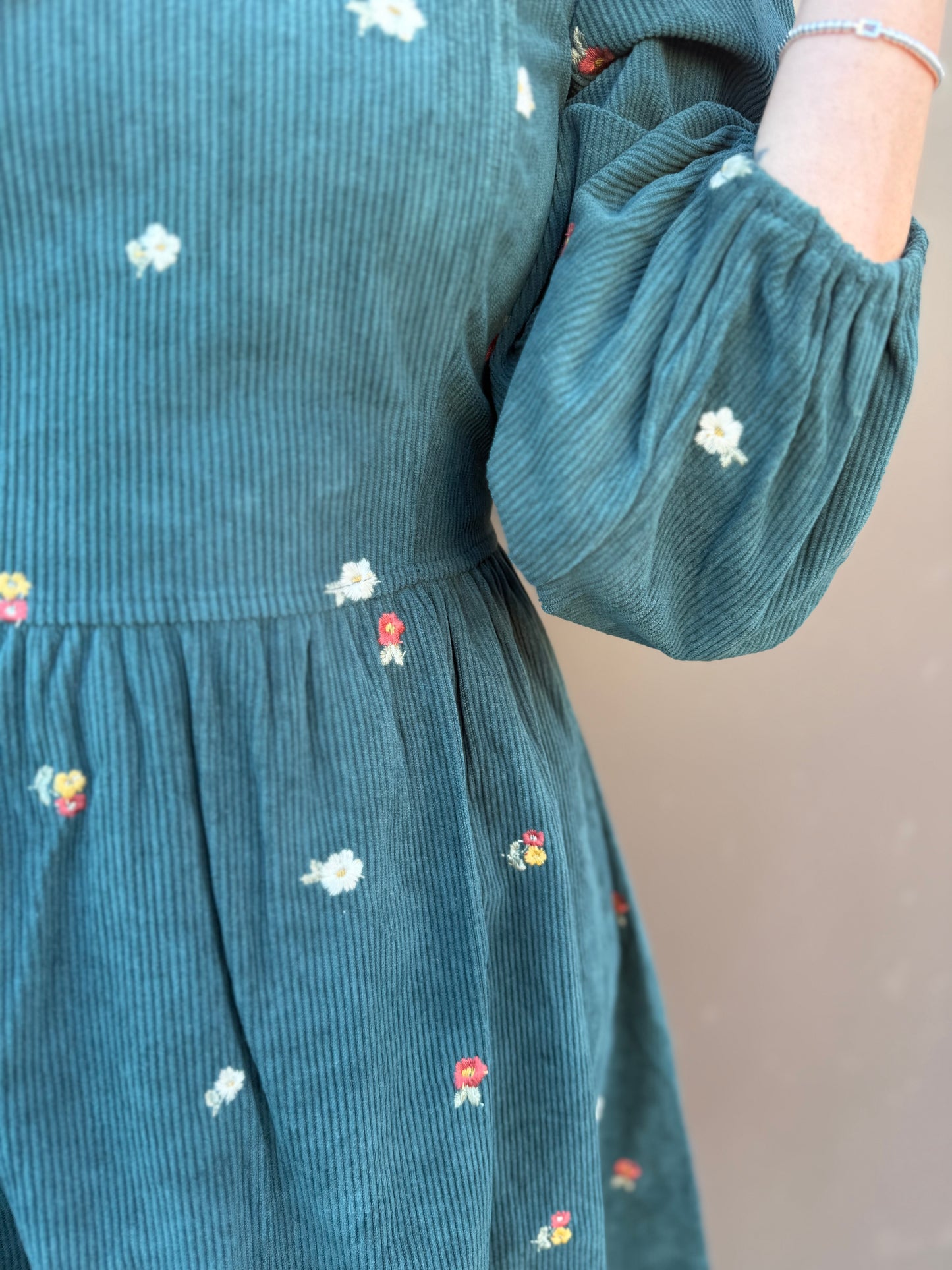 Floral Embroidered Corduroy V Neck Mini Dress