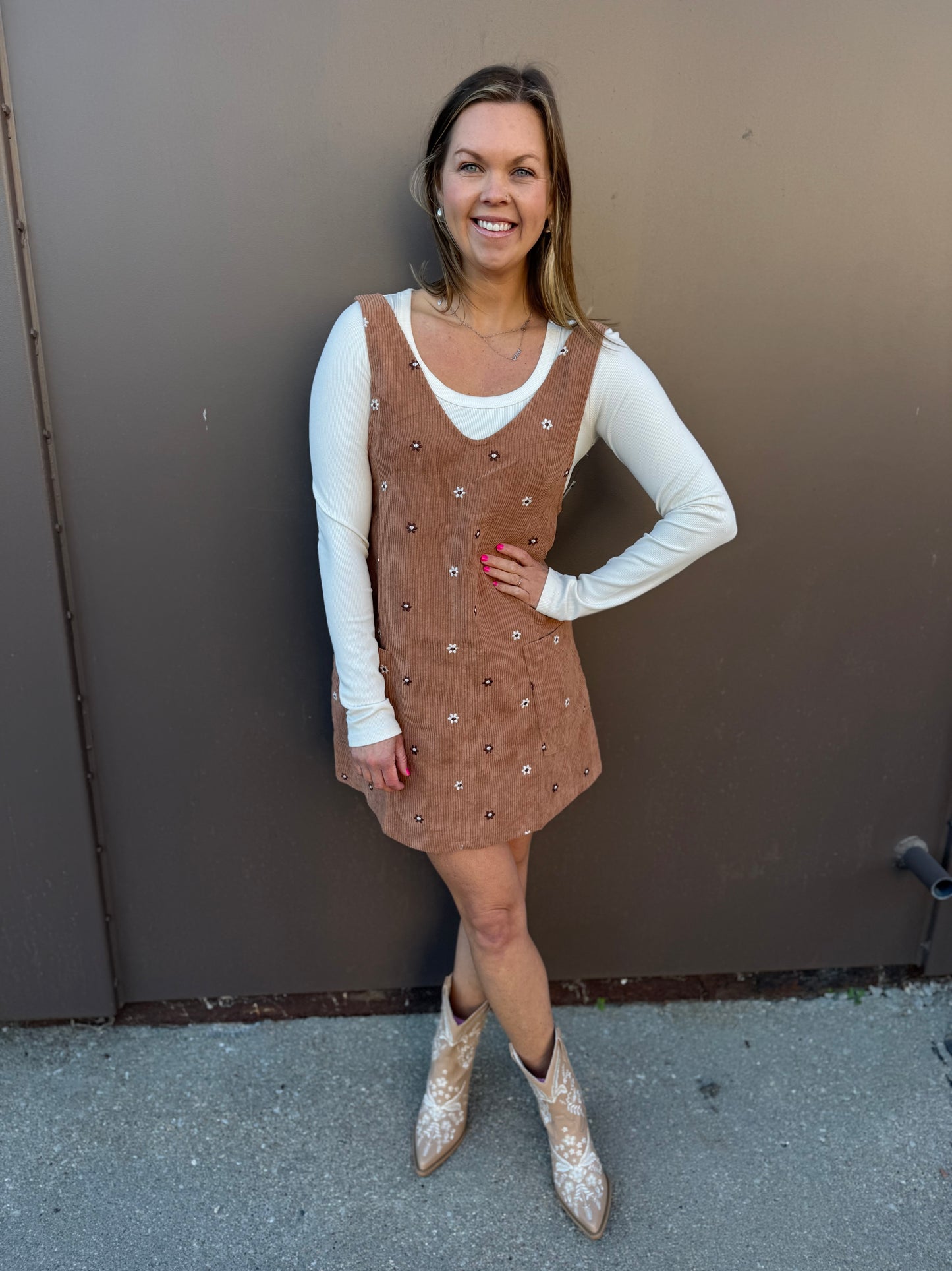 Floral Embroidered Corduroy Pinafore Overall Dress