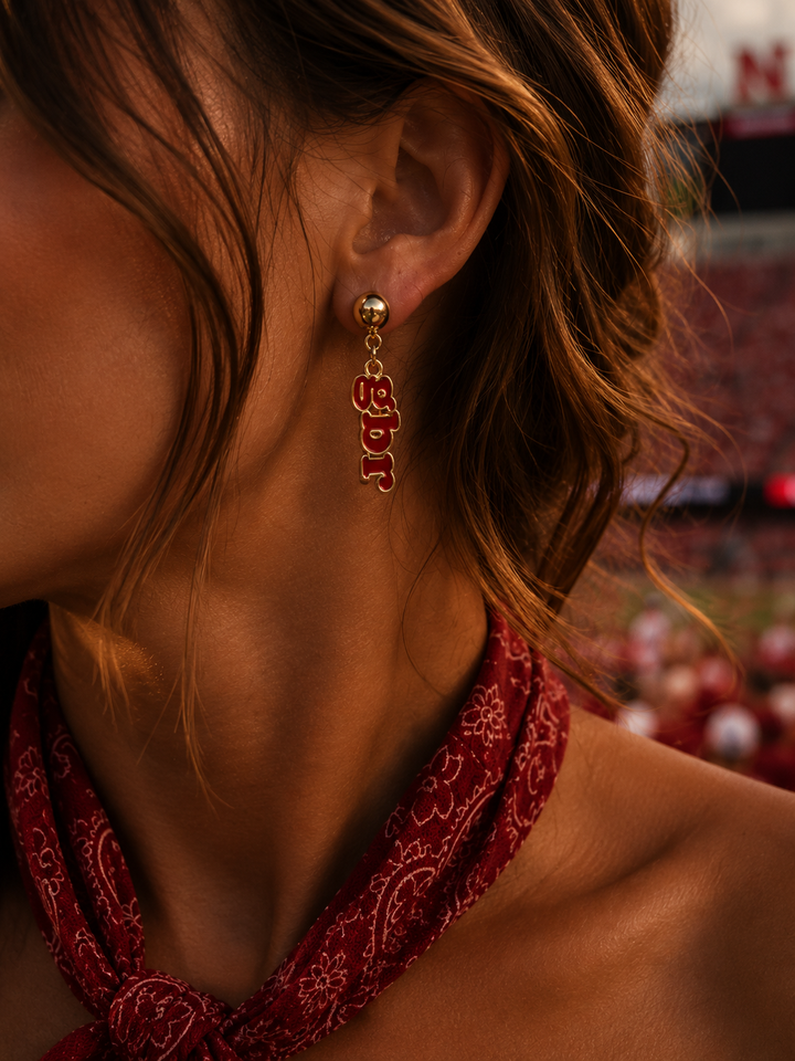 Nebraska Huskers Slogan Earrings in Red/Shiny Gold
