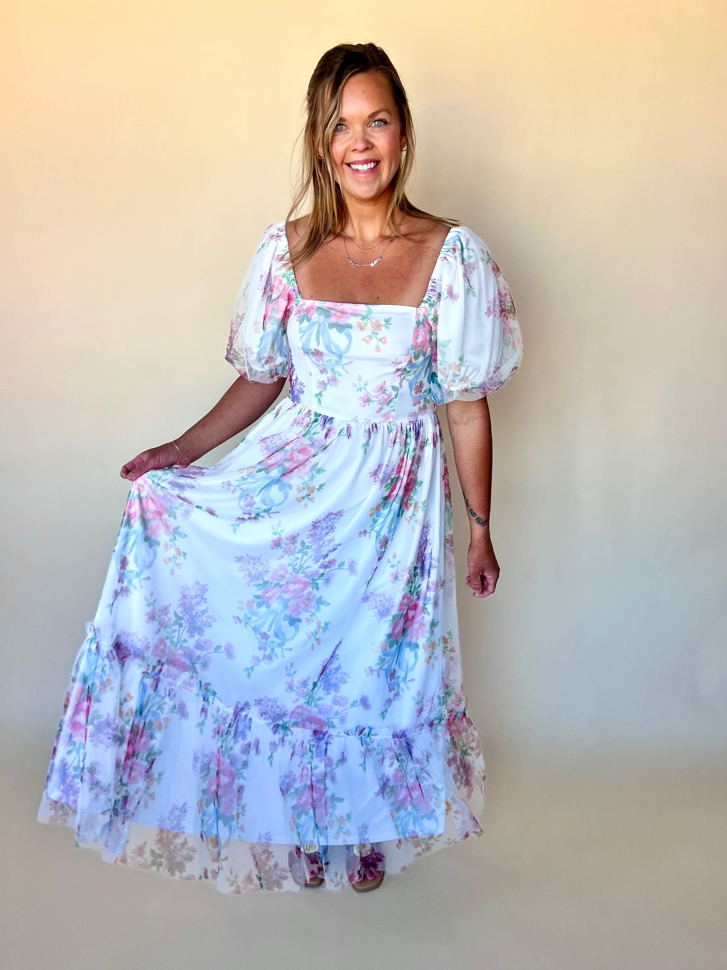 Tulle Mesh Square Neck Dress