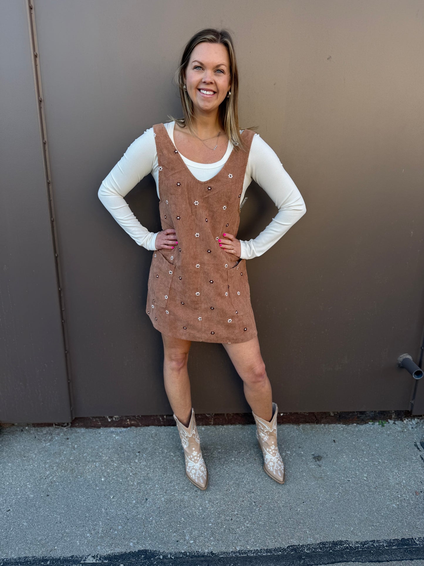 Floral Embroidered Corduroy Pinafore Overall Dress