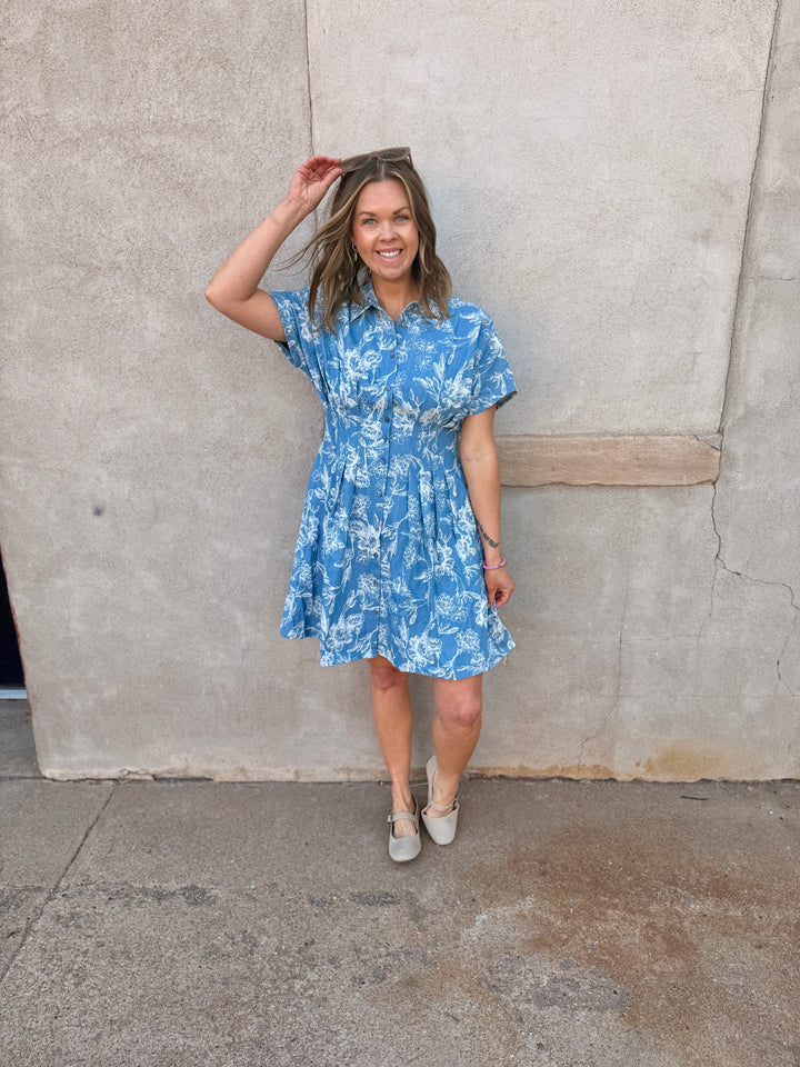 Indigo Garden Pintuck Mini Dress