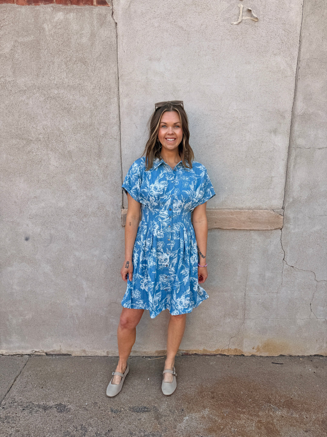 Indigo Garden Pintuck Mini Dress