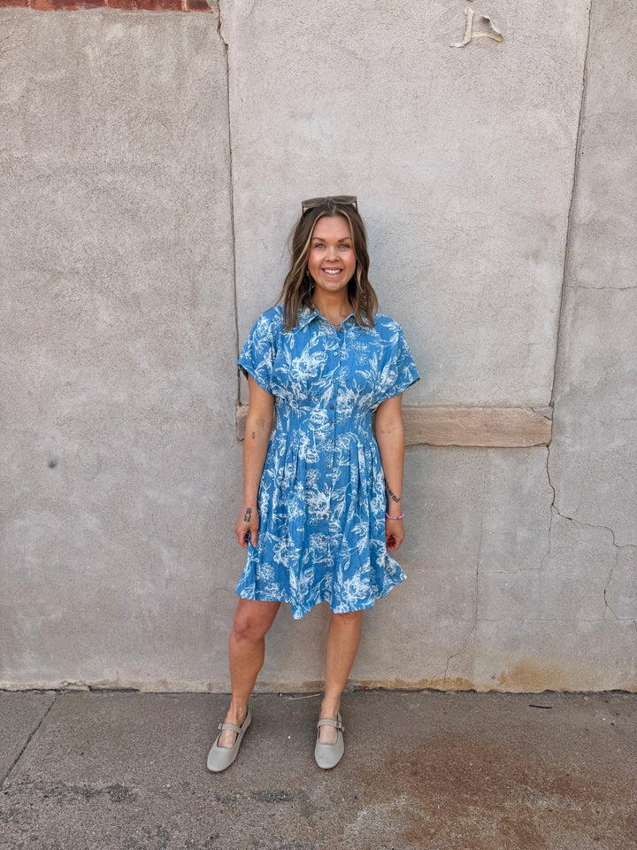 Indigo Garden Pintuck Mini Dress