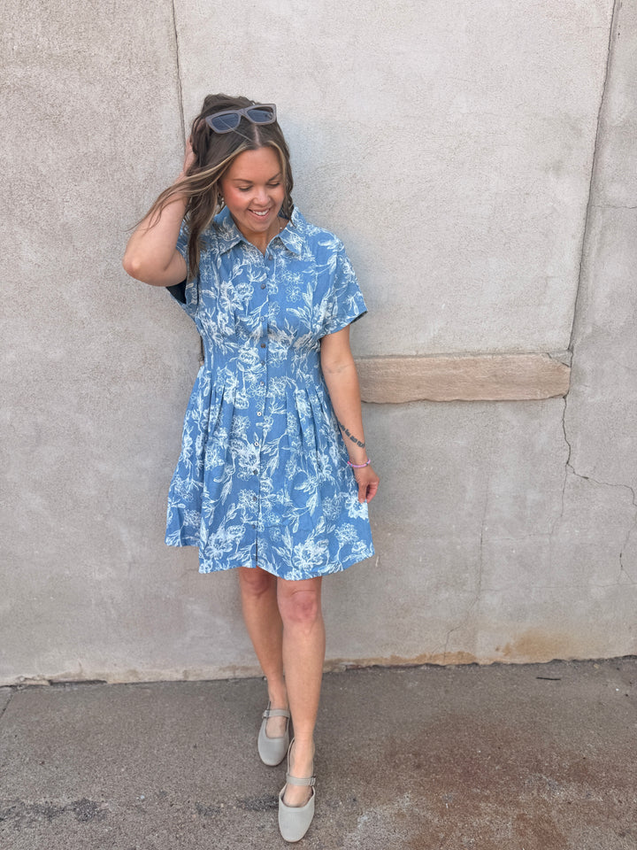 Indigo Garden Pintuck Mini Dress