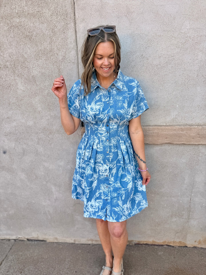Indigo Garden Pintuck Mini Dress