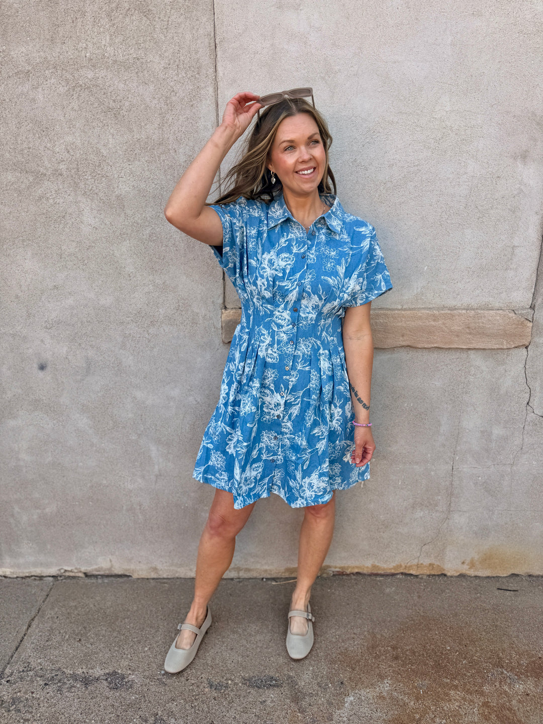 Indigo Garden Pintuck Mini Dress