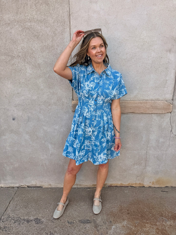 Indigo Garden Pintuck Mini Dress